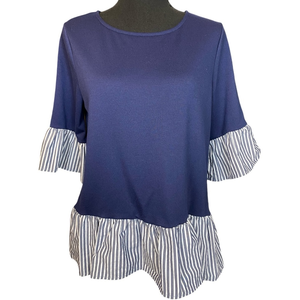 PLEIONE Anthropologie ☆ Blue Ruffle Mixed Material Top